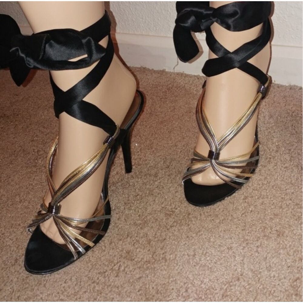 Guess by Marciano Metallic Colored Sexy Black Satin Lace Up Heels Size 8,5M